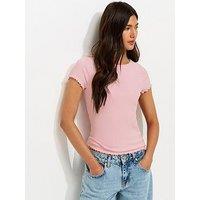 New Look Ribbed Jersey Frilly Trim Short Sleeve Top - Light Pink