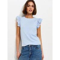 New Look Broderie Frill Sleeve Top - Light Blue