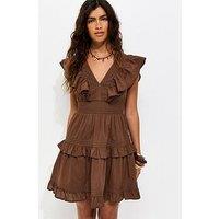 New Look Cotton Ruffle V-Neck Tiered Mini Dress - Brown