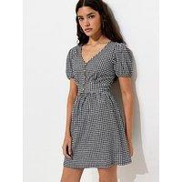 New Look Crinkled Texture Gingham Button Front Mini Dress - Black