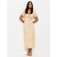 New Look Crinkle Texture Floral Print Milkmaid Midi Dress - Yellow