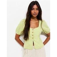New Look Linen Rich Shell Button Peplum Top - Light Green