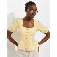 New Look Linen Rich Shell Button Peplum Top - Yellow