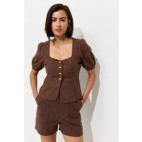 New Look Linen Rich Shell Button Peplum Top - Dark Brown