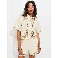 New Look Cotton Floral Embroidered Woven Co-Ord Shorts - Cream