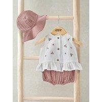 Mamas & Papas Baby Girls 3 Piece Peony Bloomers, Swing Top & Hat Set - Pink