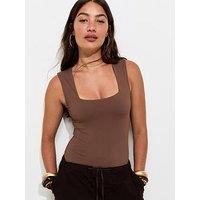 New Look Slinky Square Neck Sleeveless Bodysuit - Dark Brown