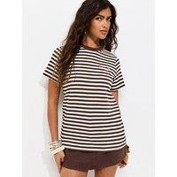 New Look Striped Bonne Chance Embroidered T-Shirt - Brown