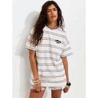 New Look Cotton Stripe California Embroidery Oversized T-Shirt - Cream