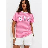 New Look Cotton Striped Nyc Relaxed Fit T-Shirt - Pink