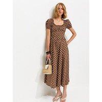 New Look Cotton Polka Dot Ruched Midi Dress - Brown