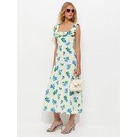 New Look Floral Ruffled Square Neck Midi Dress - Cream