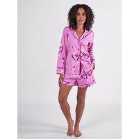 Cyberjammies Belle Pink Bow Print L/Slv Pyjama Top & Shorts Set