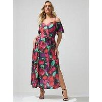 Yours Curve Abstract Cold Shoulder Maxi Dress - Red/Purple