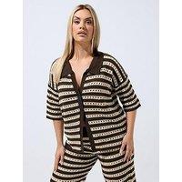 Yours Curve Knit Stripe Print Shirt - Brown