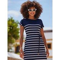 Sosandar Stripe Print Button Shoulder T-Shirt Dress - Navy Blue