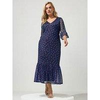 Yours Curve Polka Dot Mesh Tie Dress - Blue