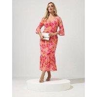 Yours Curve Floral Mesh Tiered V Neck Dress - Pink