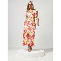 Yours Curve Floral Mesh Godet Wrap Dress - White