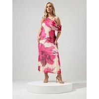 Yours Curve Floral Mesh Drape Shoulder Dress - White