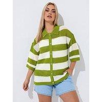 Yours Curve Stripe Boxy Knitted Shirt - Green
