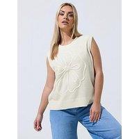 Yours Curve Knitted Embroidered Flower Top - White