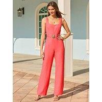 Sosandar Linen Blend Belted Square Neck Jumpsuit - Coral
