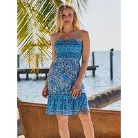 Sosandar Paisley Print Shirred Bandeau Crinkle Beach Dress - Blue