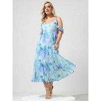 Yours Curve Abstract Cold Shoulder Godet Dress - Blue
