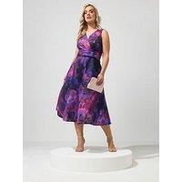 Yours Curve Abstract V Neck Skater Dress - Purple/Pink