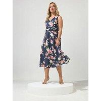 Yours Curve V Neck Floral Midi Dress - Blue
