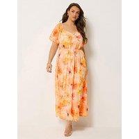 Yours Curve Floral Angel Sleeve Dress - Orange