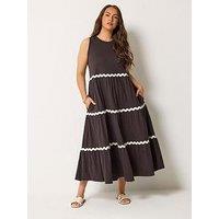 Yours Curve Contrast Ric Rac Trim Dress - Brown