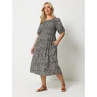 Yours Curve Shirred Leopard Print Puff Sleeve Midaxi Dress - Brown
