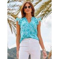 Sosandar Metallic Animal Print Flutter Sleeve Top - Blue