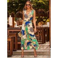 Sosandar Multi Print Tie Shoulder Maxi Jersey Dress - Green
