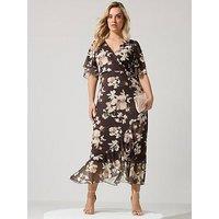 Yours Curve Floral Mesh Wrap Ruffle Dress - Brown