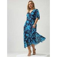 Yours Curve Floral Mesh Wrap Ruffle Dress - Blue