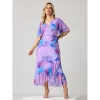 Yours Curve Abstract Mesh Wrap Ruffle Dress - Pink