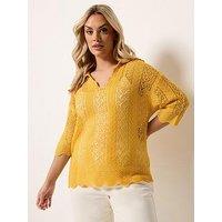 Yours Curve Knitted Collar Pointelle T-Shirt - Yellow