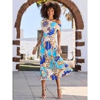 Sosandar Baroque Print Off The Shoulder Fit & Flare Dress - Blue