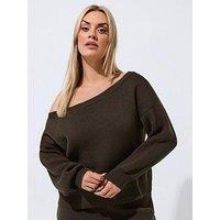 Yours Curve Off Shoulder Knit Jumper - Brown