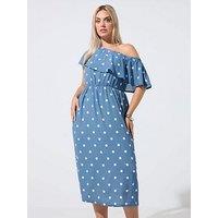 Yours Curve Polka Dot Frill Dress - Blue