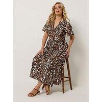 Yours Curve Leopard Print Half Placket Dress - Brown