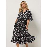 Yours Curve Printed Half Placket Dress - Black