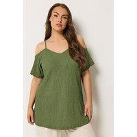 Yours Curve Textured Cold Shoulder Top - Khaki Green