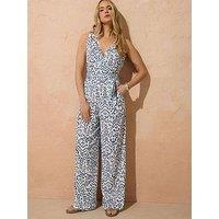 Long Tall Sally Denim Ikat Sleeveless Wrap Jumpsuit - Blue