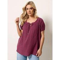 Yours Curve Cheesecloth Dobby Bardot Top - Burgundy