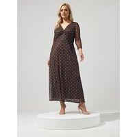 Yours Curve Polkadot Mesh Knot Dress - Brown