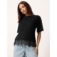 Pixiegirl Petite Lace Hem T-Shirt - Black